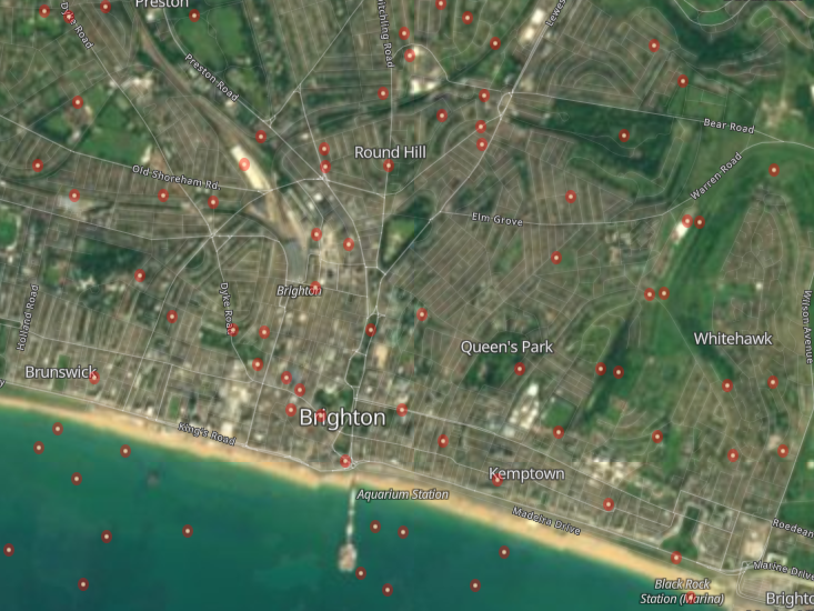 Shodan Map showing exposed RDP servers in Brighton