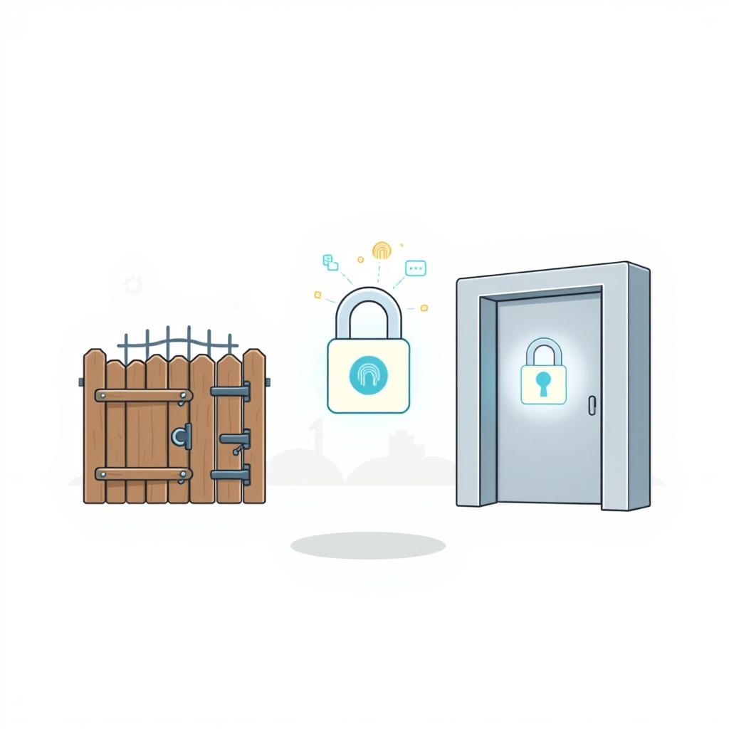 Modern illustration contrasting an old wooden gate with a sleek metallic gateway