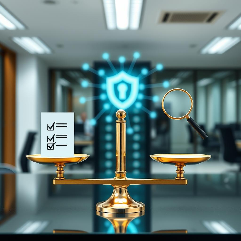 Balanced digital scale with checklist icon vs tilted scale with magnifying glass side heavier, modern office background with