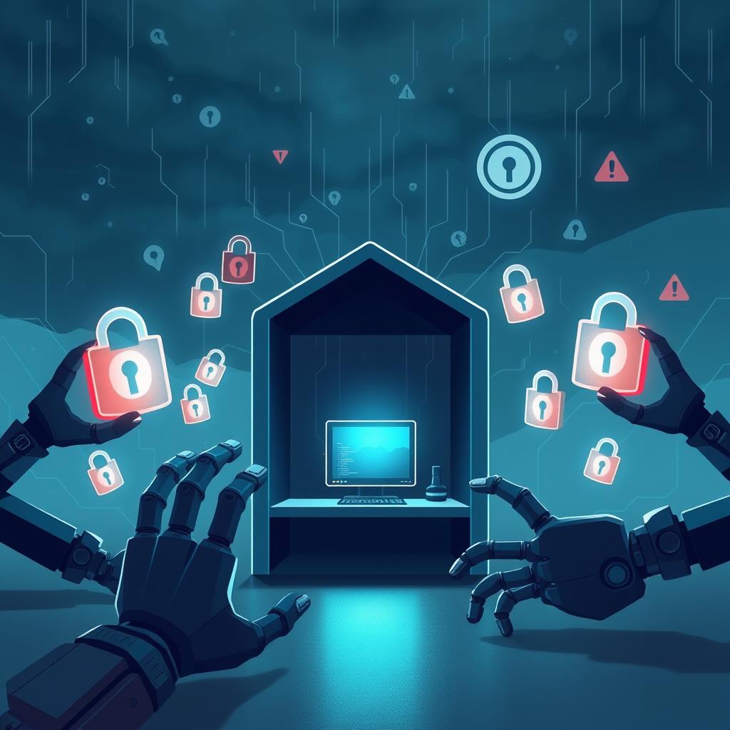 Small business office with glowing computer screen surrounded by floating security padlocks and shields under a stormy digita